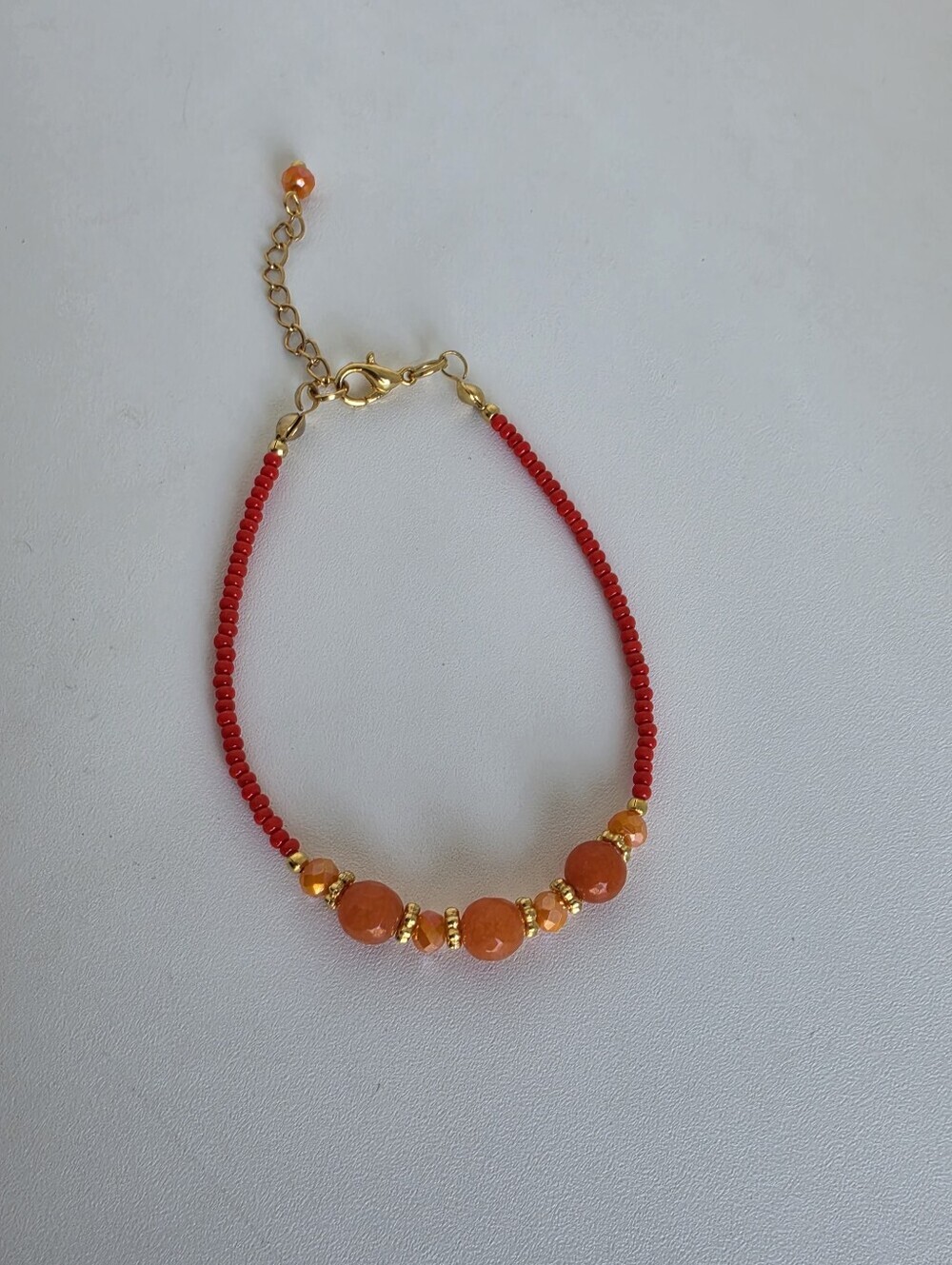 Orange Agate Beaded Bracelet Red Seed Beads Gold Plated Handmade 7"+2" - Picture 7 of 8